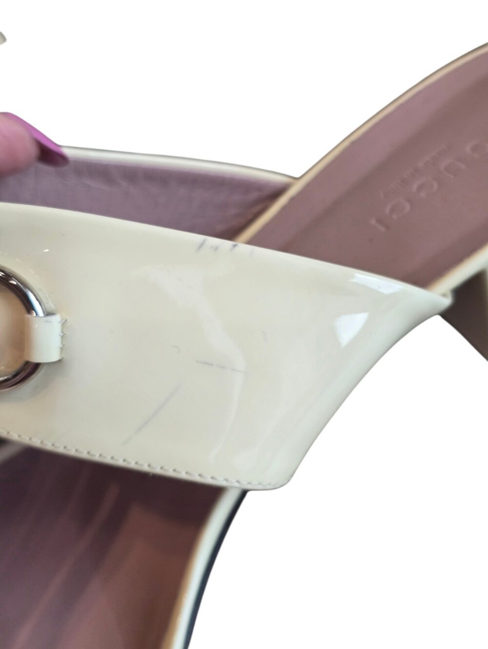 Gucci Cream Patent Leather Block Heel Sandals With Callouts 40 1/2 - Picture 11 of 14